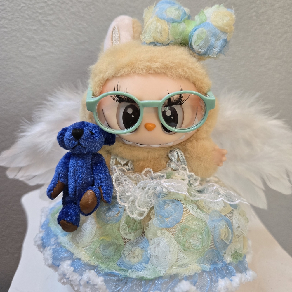 Outfit For Labubu  Doll with Dress, Blue Teddy, Glasses, Shoes, Wing - No Doll